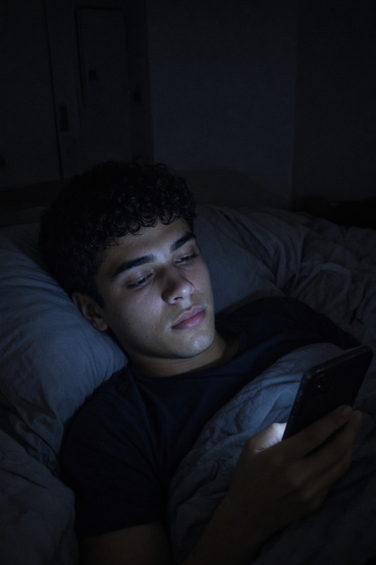 Rapaz deitado na cama de madrugada, rolando o celular