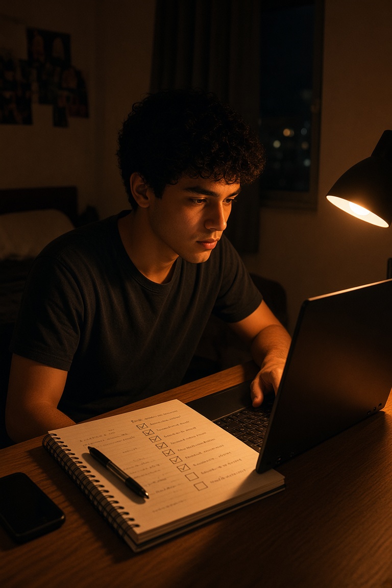 Rapaz na mesa à noite, no notebook, com um checklist de 7 dias no caderno